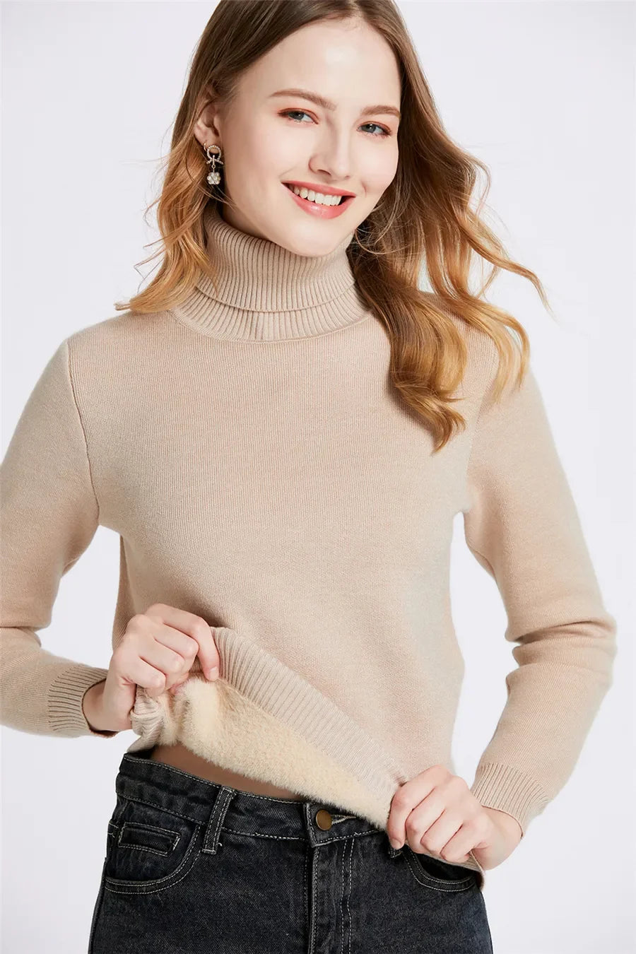 NEW Arrivals Sweater For Women Winter Thicken Turtleneck Slim Knit Pullover New Warm Plush Velvet Lined Knitwear Jumper Tops Casual Female Girls Luxury Fashion Clothing Supplies