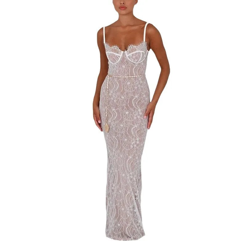 NEW Arrivals White/Black Sexy See Through Backless Lace Maxi Dress Women Off Shoulder Sleeveless Sling Long  Autumn Spring Summer Ladies Party Club Dress