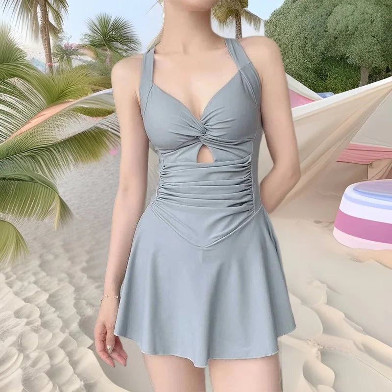 4 PCS Set Women's Swimsuit Dress + Swimming Cap + Goggles + Mobile Phones Bag + Nose Clip Earplugs Conservative Slimming Korean Style Sporty Hot Spring Swimming Suit Pure Color Skirt Style Gathered Bathing Sets