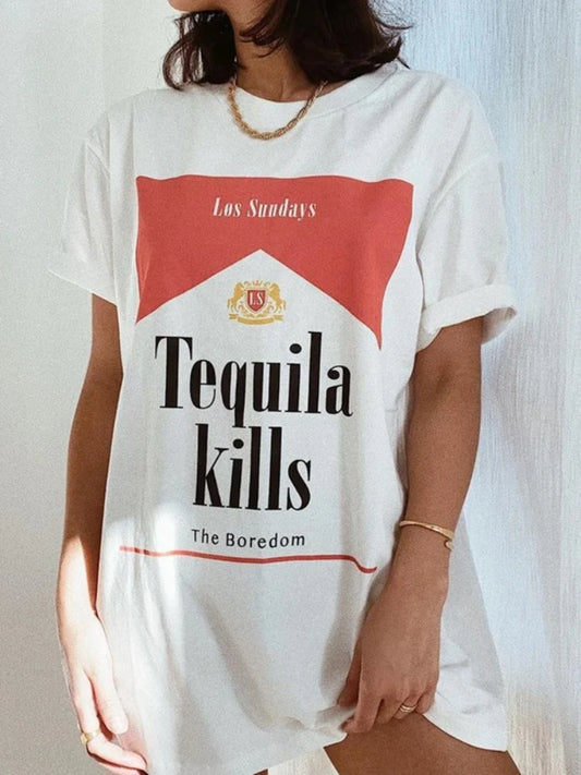 Plus Size Clothing Retro Tequila Killer Graphic Tees Vintage Fashion T Shirts Women Hippie Cute Alcohol Drinking T-Shirts Tops