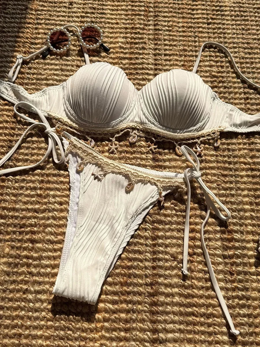 NEW 5 Colors UK Size Shell Scalloped Wrinkled Underwired Bra Cup Bikini Female Swimsuit Women Swimwear 2PCS Bikini Set Push Up Ladies Bathing Suit