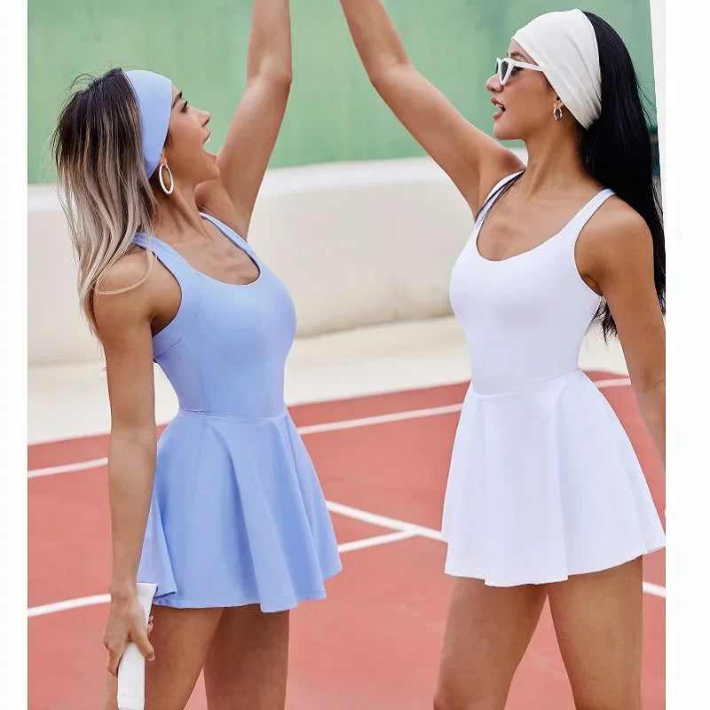 Tennis Dress One-Pieces Jumpsuits Slim Fit Sports Fitness Golf Badminton Skorts Back Cross Tracksuits with Chest Pads Yoga Suits