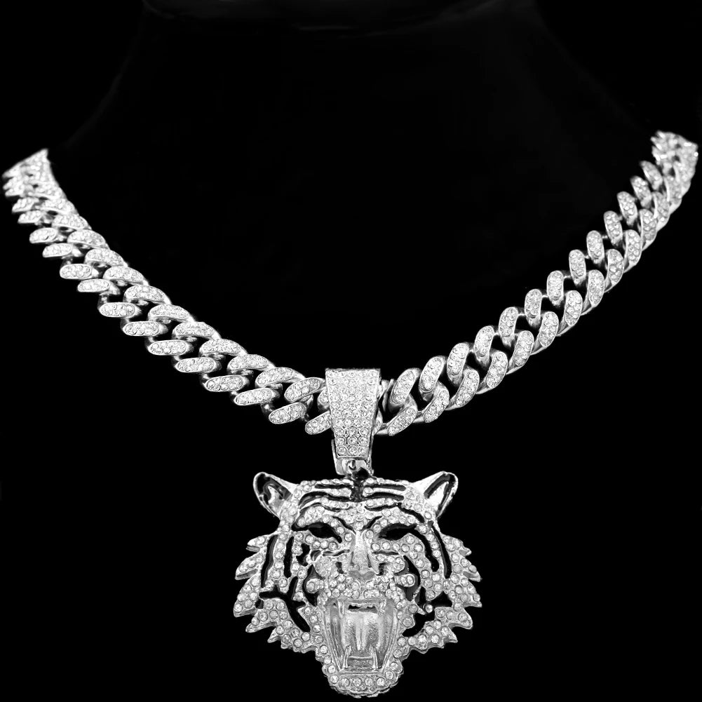 Luxury Rhinestones Gold/Silvery Color Hip Hop Tiger Head Pendant Necklace for Men Women, Iced Out Rhinestone Cuban Link Chain, Animal Bling Jewelry Gifts