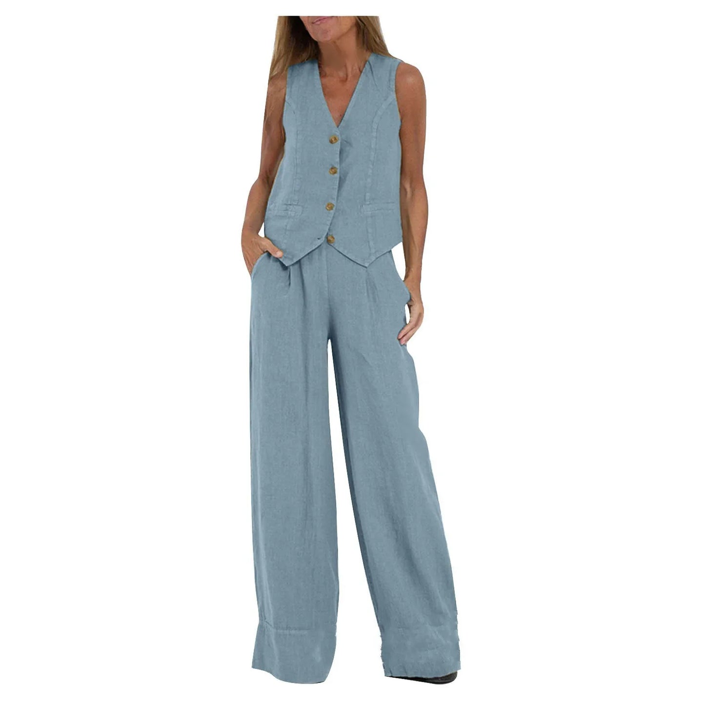 NEW Arrivals 2PCS Set S-2XL UK Size Women's Clothing Spring Summer New Fashionable Vest Pants Collage Splicing Pure Sleeveless Color Temperament Casual Suit