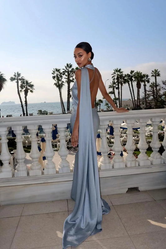 Luxury Satin Ribbon Halter Long Dresses 15 Colors S-XL UK Size Women's Backless Formal Maxi Dress Evening Wedding Guest Red Carpet Business Party Summer Graduation New Arrivals