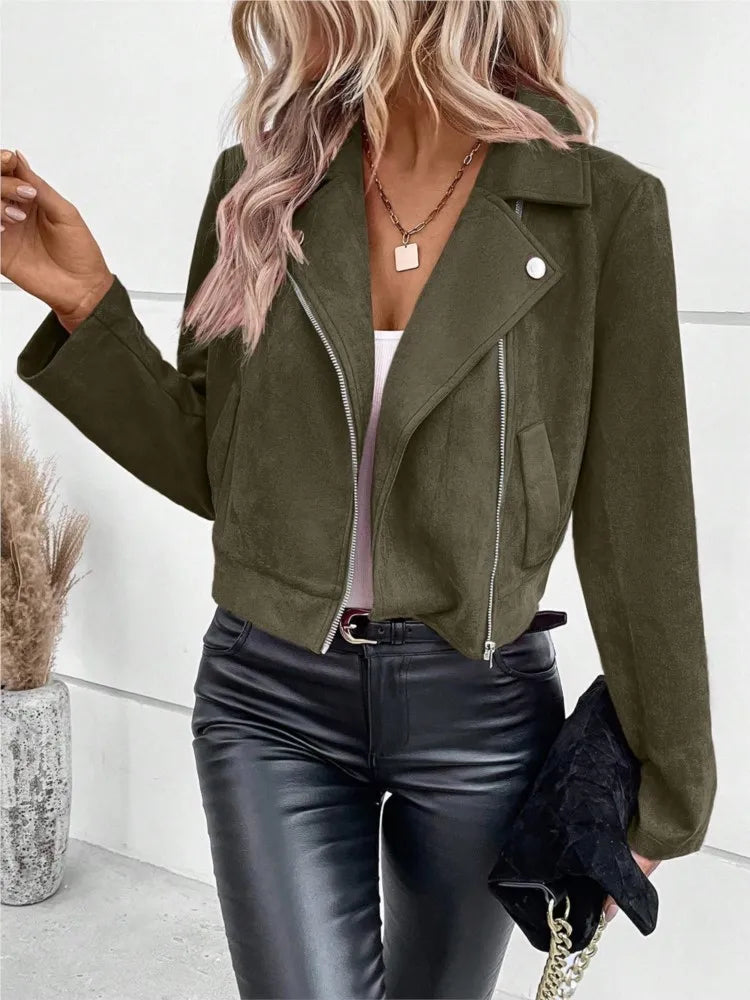 S-2XL US Size Women's Casual Lapel Zipper Jacket Imitation Deerskin Velvet Short Coat Winter Fashion Slim Women's Riding Short Jacket Casual Clothing Supplies