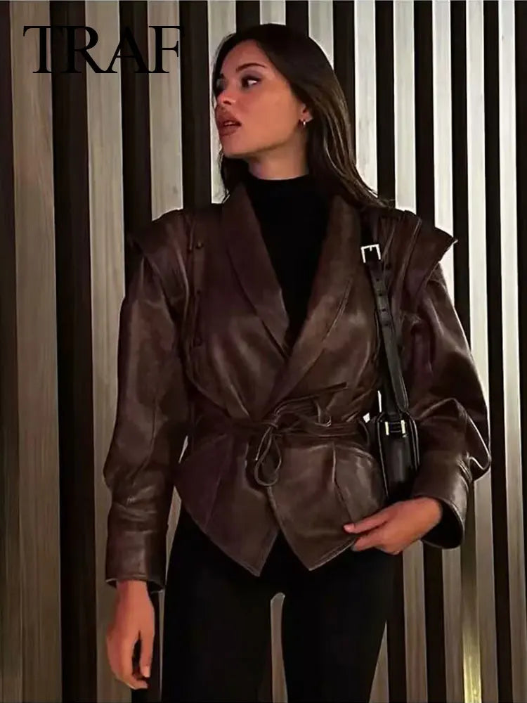 Female Street Leather Jacket Spring Women's Versatile Brown Long Sleeves V-neck Single Breasted Lace-up Causal Coats