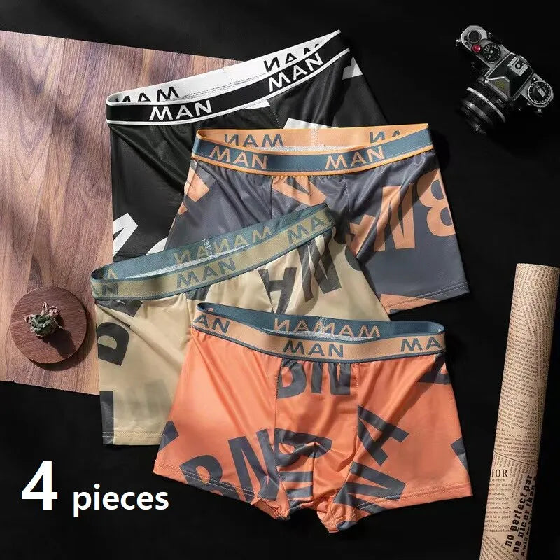 4 Pieces Men Boxers Shorts Underpants Underwear L XL XXL 4 Colors Mixing Sexy Soft Ice Silky Fashion Sports Casual