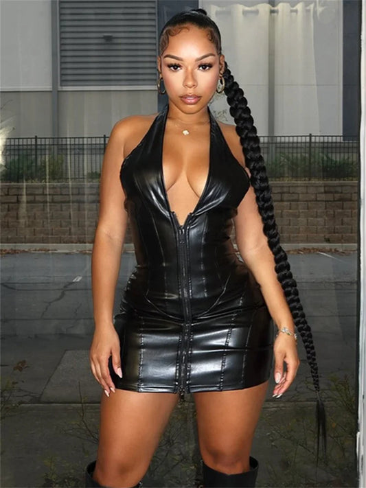 S-2XL UK Size Black/Red Color Stylish PU Leather Dress Women Zip Halter Lace-Up Backless Sexy Low Chest Peach Hip Hottie Hipster Stretch Slim Streetwear Night Clubwear Evening Party Mini Dress