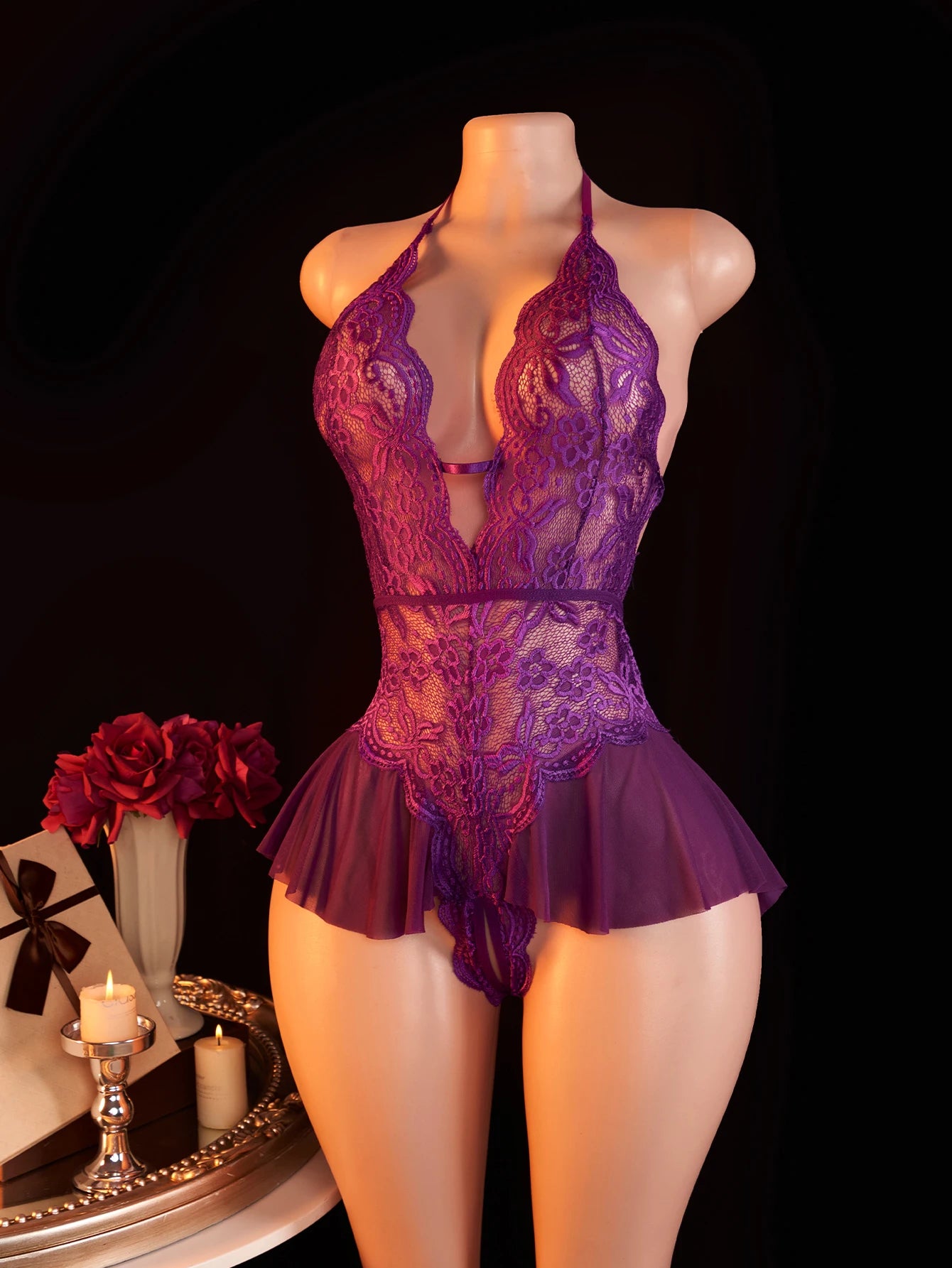 NEW 6 Colors  Sexy Lace Bodysuits Crotchless Deep V Open Teddy Babydoll Sheer Sleepwear Elegant & Seductive Erotic Lingerie For Women