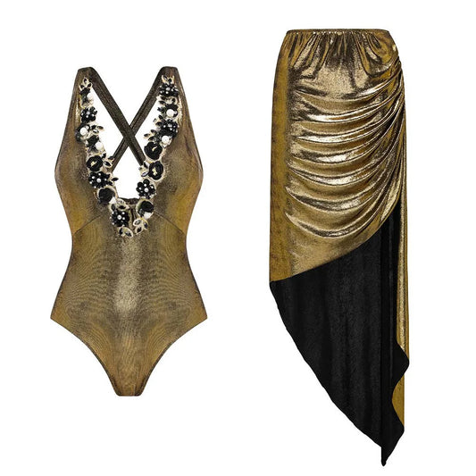 New Arrivals Women Luxury Glossy 1PC/2PCS Set Swimsuit and Skirt for Women One Shoulder 3D Flower Swimwear Female Shiny Monokini Beach Bathing Suit
