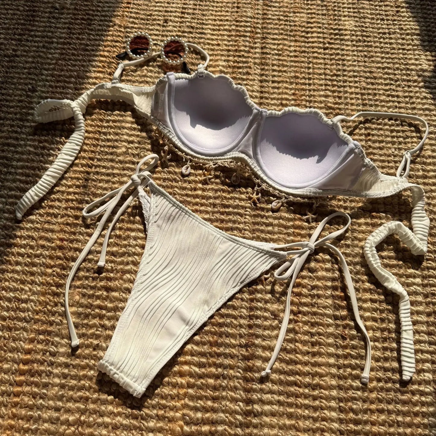 NEW 5 Colors UK Size Shell Scalloped Wrinkled Underwired Bra Cup Bikini Female Swimsuit Women Swimwear 2PCS Bikini Set Push Up Ladies Bathing Suit