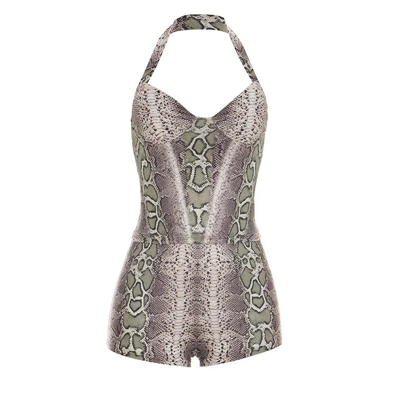 2 PCS Set 3 Colors Snakeskin Pattern Women Sexy Halter Low-Neck Backless Sleeveless Vest + Simple Mini Short Sexy Midnight Night Clubwear Hottie Suit