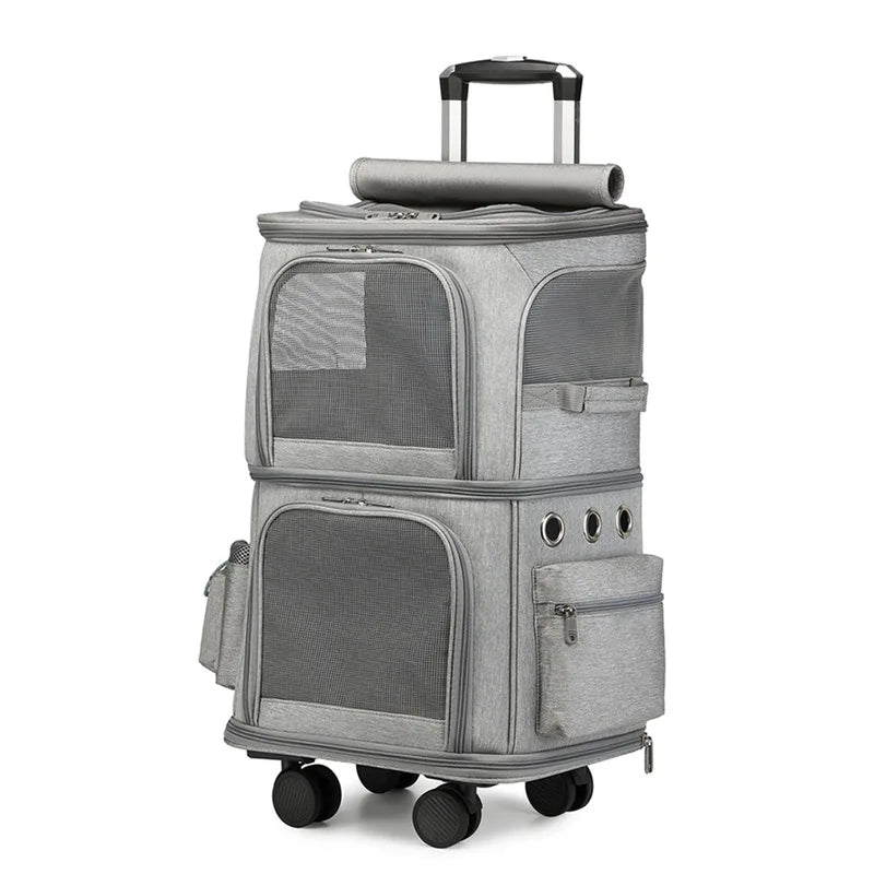 Collapsible Dog Cat Carrier with Rolling Wheels, Double-Tiered and Airline-Approved Pet Travel Bag