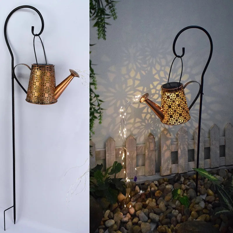 Solar Watering Can with Pole Light Hanging Kettle Lantern Light Waterproof Garden Decor Metal Retro Lamp for Outdoor Table Patio Lawn Yard