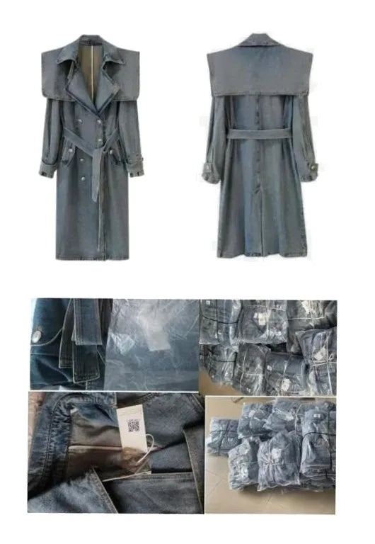 Spring Women Denim Trench Coat Spring Temperament Double Breasted Lace Up Loose Long denim Coat All Match Fashion