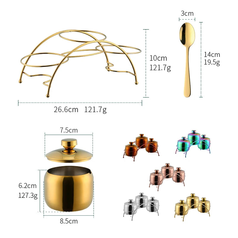 3 PCS Luxury Set + 3 Matching Spoons 304 Stainless Steel Gold Seasoning Condiment Pot Set Spice Salt Sugar Container Pepper Jar Tool with Lid and Spoon Holder Rack Home Tableware Tools Sets