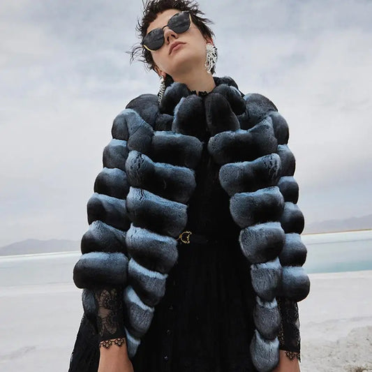 S-3XL 5 Colors Luxury Winter Warm Outerwear Fur Jacket Women Girls Real  Natural Rex Rabbit Fur Coat Chinchilla Colored High Collar Jacket Female Ladies Winter Luxury Fashion Clothing Products