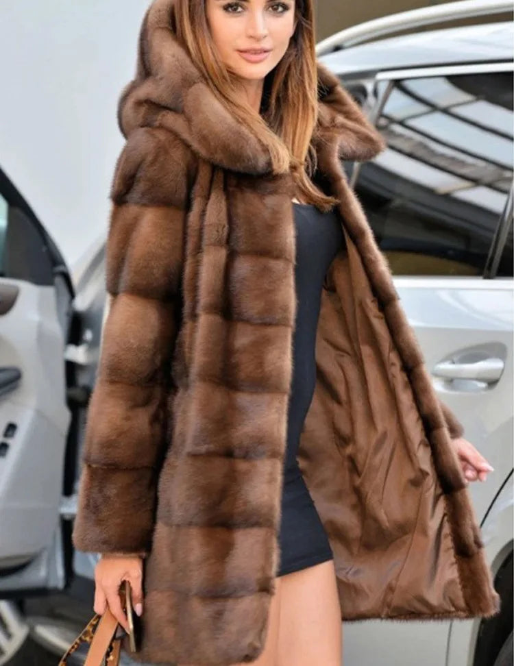 NEW Arrivals UK S-3XL Size Women Faux Fox Fur Mid Length Coats Thick Warm Open Stitch Coat Hooded Full Sleeve Casual Elegant Splice Autumn Winter Warm Outerwear