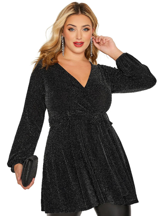 2XL-8XL UK Plus Size For Curvy Ladies Elegant Spring Autumn Wrap Top Women Long Sleeve Sexy V-Neck Black Glitter Blouse Sashes Waist Plus Size Clothing