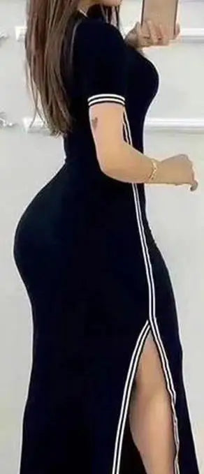 Women Dresses Summer Fashion Striped High Slit Casual O-Neck Short Sleeve Daily Skinny Maxi A Line Dress Woman Clothing