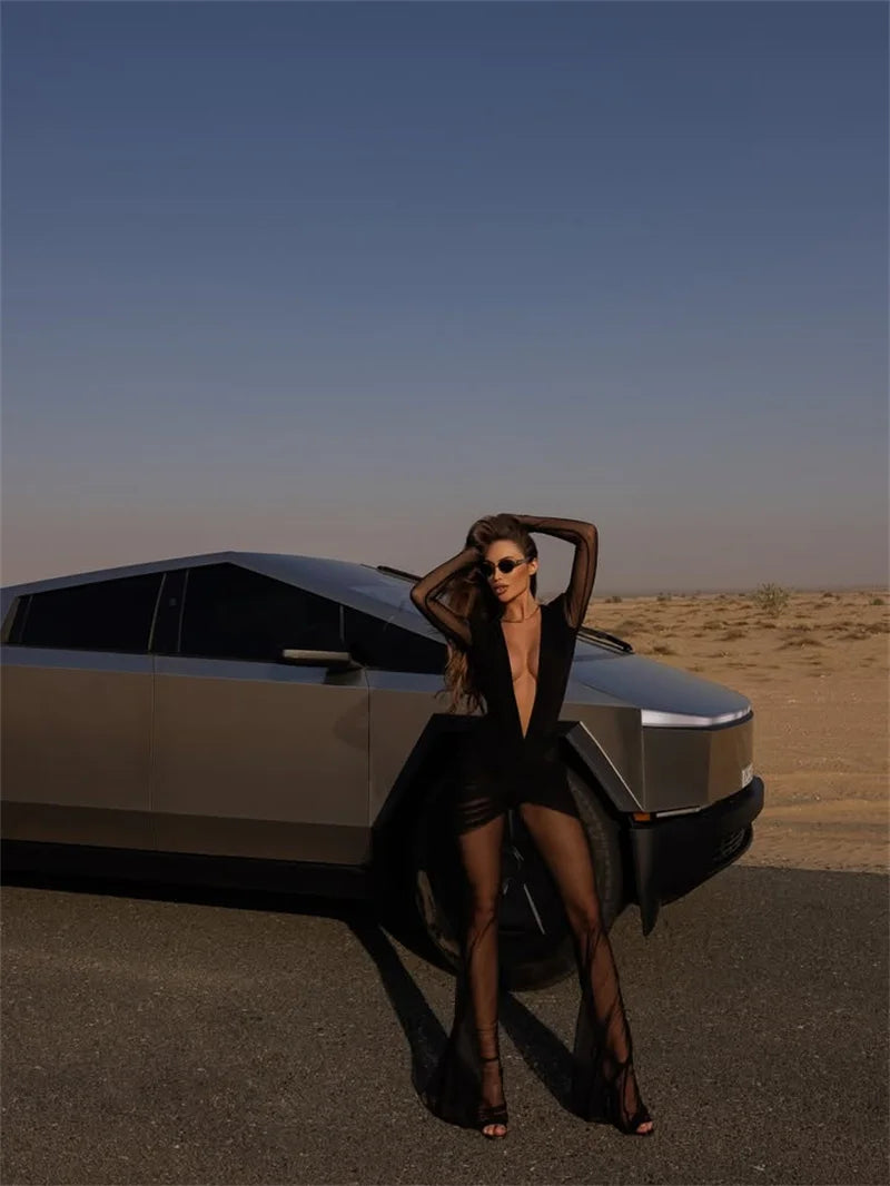 NEW Pink/Black Color UK Size Deep V Neck Long Sleeve Sexy Jumpsuits Women Autumn Winter Patchwork See Through Ruched Club Party Jumpsuit Female Fashion Clothing Supplies