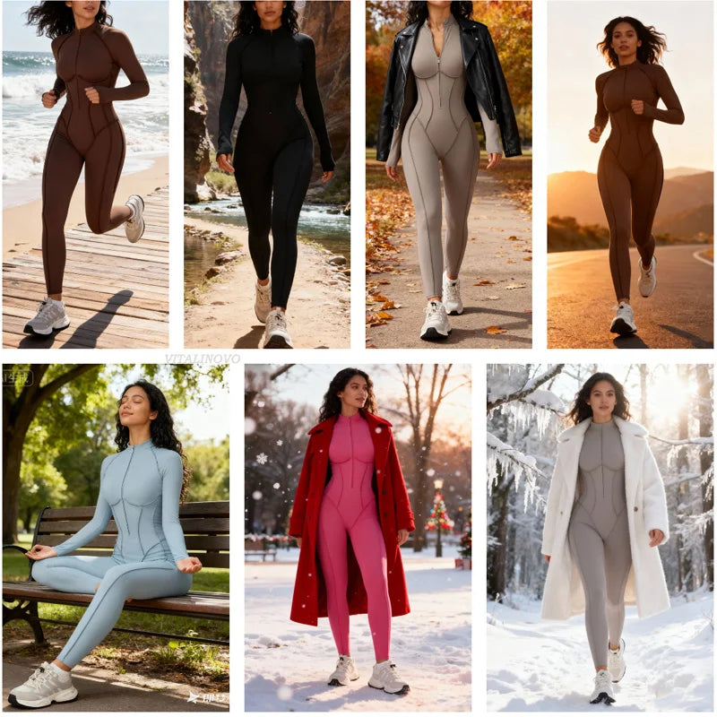 5 Colors Women's Running Onesie Athletic Romper Pants Long Sleeve Zip Up Hiking Outfits One Piece Workout Bodycon Jumpsuits emale Sports Apparel Supplies