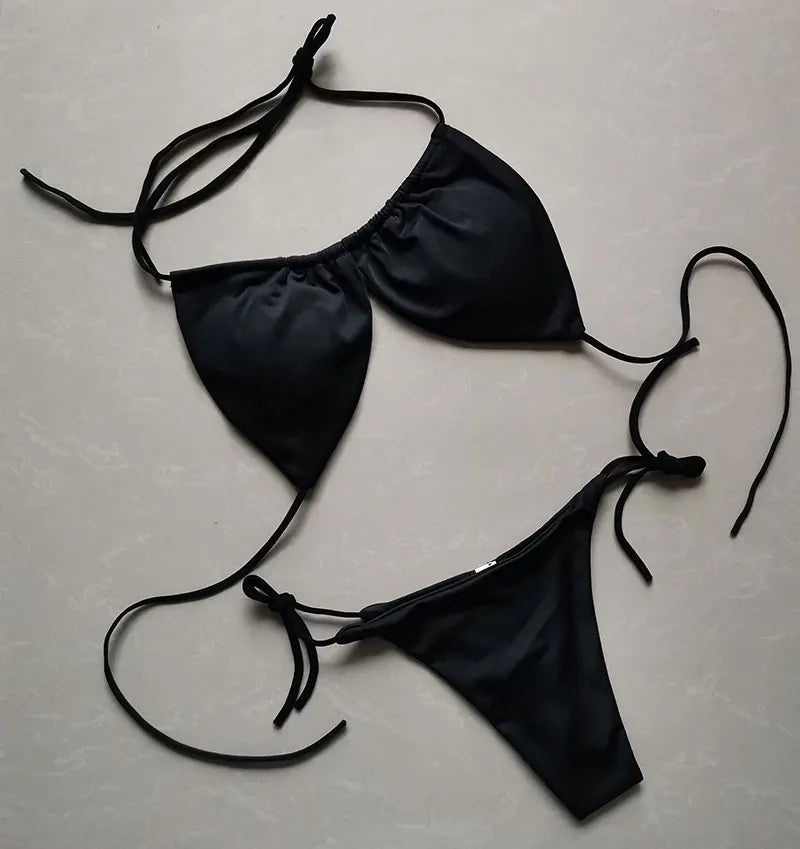 2 PCS Set S-XL Multi-Colors Summer Women's Sexy Bikini Push-Up Padded Bra Brazilian Thong Split Swimwear Female Bandage Bathing Suit Adjustable Lacing Swimsuit Solid