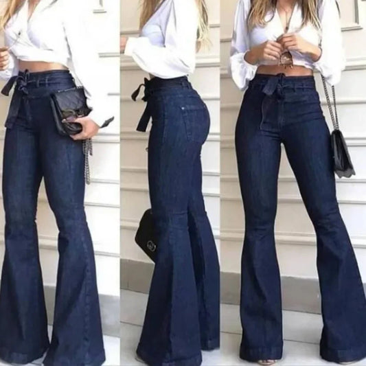 NEW Arrivals UK S-2XL Size Black/Blue Mom Jeans Women Flare Pants Zipper Fly Flat Pockets Streetwear Denim Work Elegant Bodycon Slight Stretch Belt High Waisted Jeans