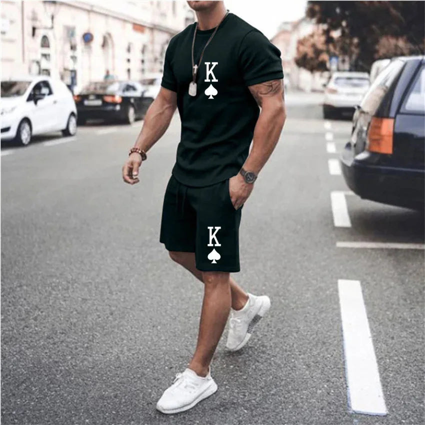 Men's Sets T Shirt And Shorts Fashion Digital Letter K Printing Tow-Piece Summer Daily Casual Clothes Street Wear For Men