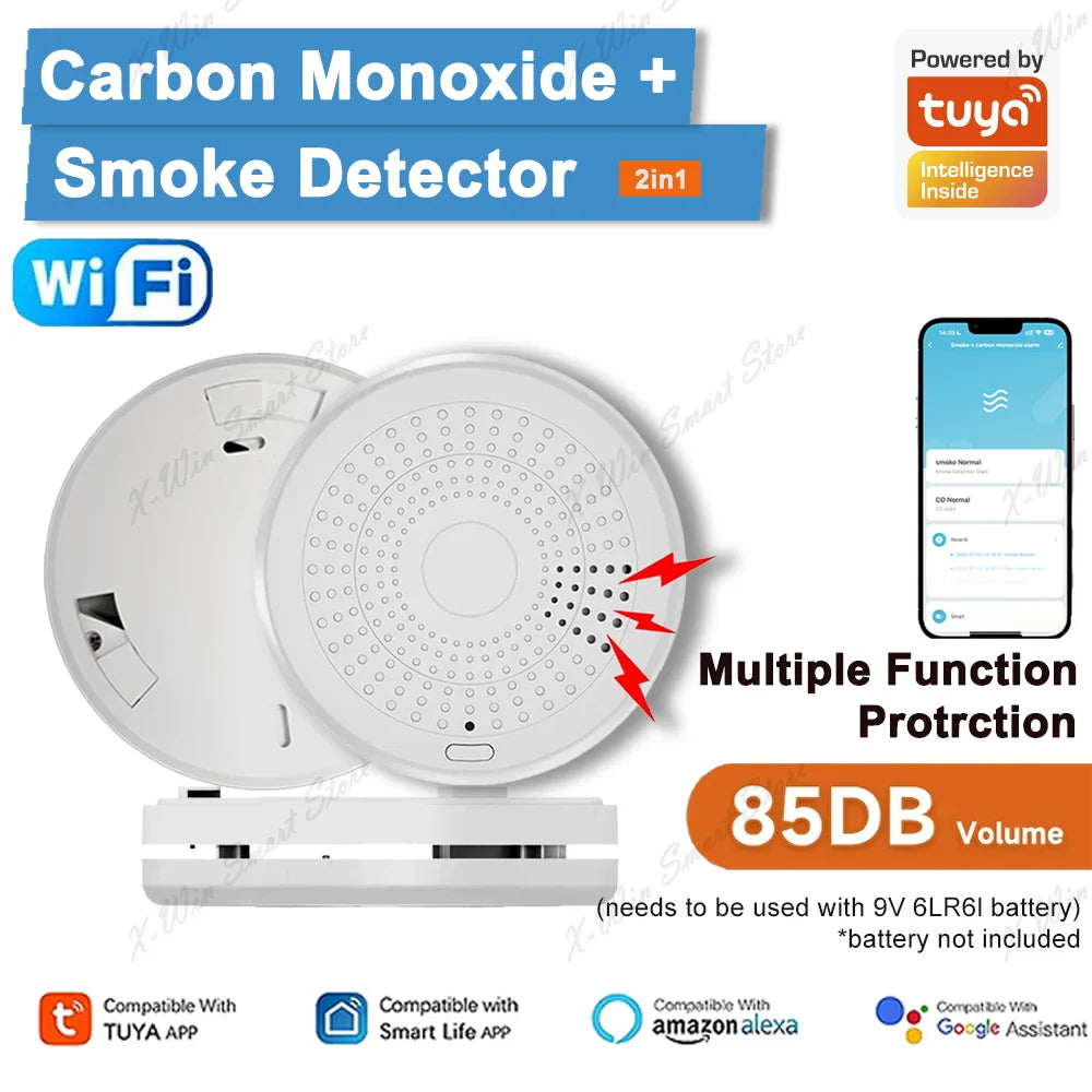 APP Control TUYA Wi-Fi 2-in-1 Smoke & CO Detector Fire Alarm 85dB Sound Alert Smart Life APP Control Home Office Business Shops Security System