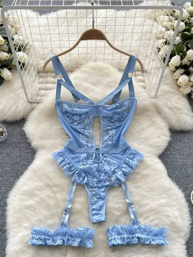 Women Preppy Style Sexy Uniform Sets 2024 V Neck Sheer Top+Lace Up Mini Skirt+Thongs Hollow Out Cosplay Porn Suits
