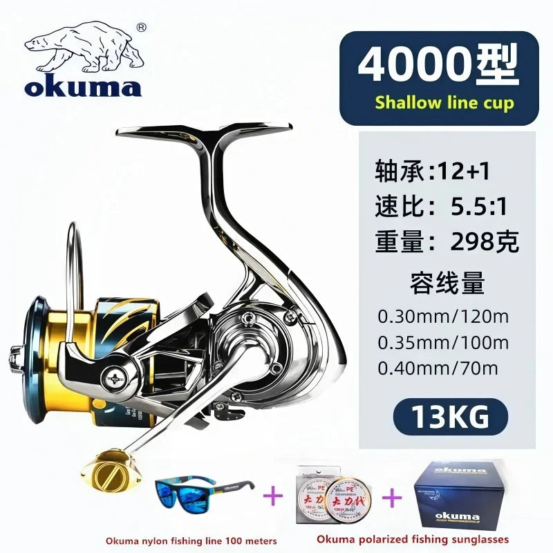 Original Japanese Okuma Brand New Arrival Saltwater Professional Fishing High Speed Reel Spinning 1000-500 9+1BB 5.1:1 Max Drag 10-20KG Water-Proof Reels Lake River Sea Boat Fishing Supplies