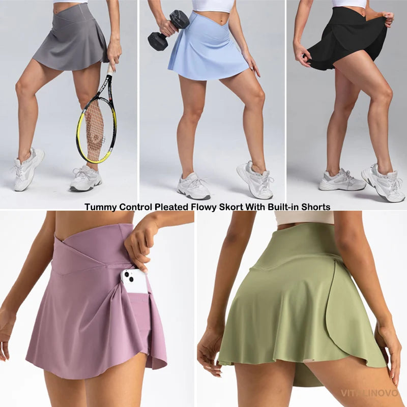 Women's High Waisted Crossover Tennis Skirts Tummy Control Pleated Golf Skorts Skirts for Women with Shorts Pockets