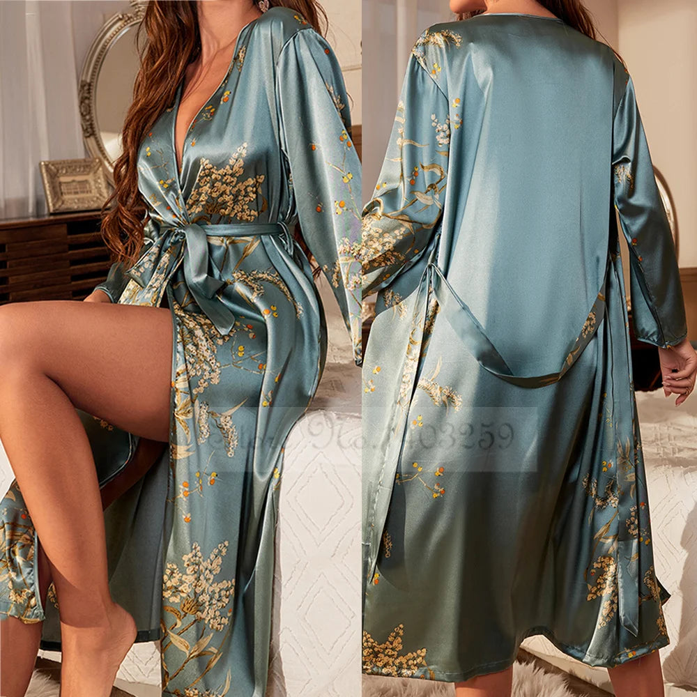 NEW Arrivals 7 Colors Authentic Harajuku Japanese Flower Luxury Kimono Bathrobe Gown Sleepwear Satin Bride Wedding Long Robe Dress Nightgown Spring Female Ladies Luxury Lingerie Fashion Apparel Products