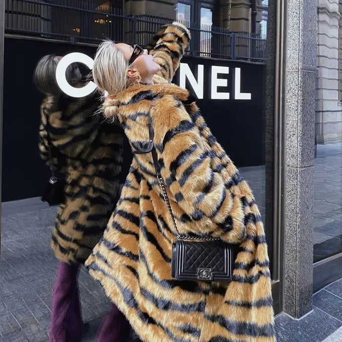 NEW HOT SALE S- 8XL Women Girls Luxury Italian Style Tiger Faux Fur Winter Warm Snow Clothes High Quality Outerwear Coat Casual Overcoat Female Ladies Fashion Clothing