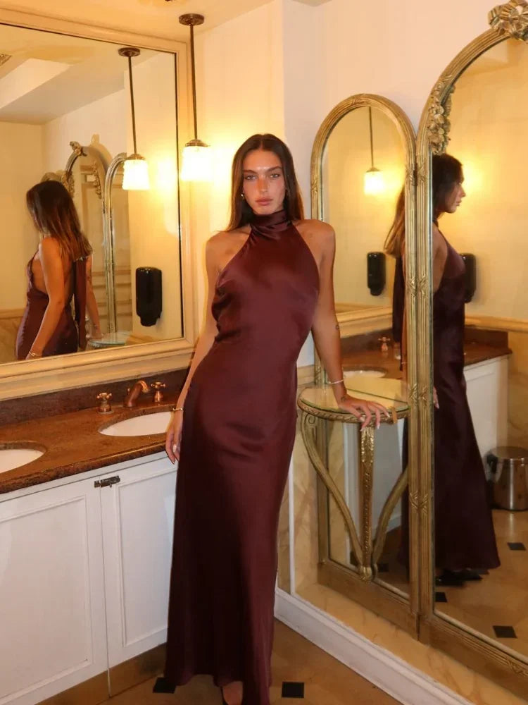 NEW Arrivals Black/Brown Elegant Brown Satin Halter Lace Up Long Dress Sexy Off Shoulder Backless Sleeveless Bodycon Dresses Autumn New Lady Party Luxury Fashion Clothing Supplies