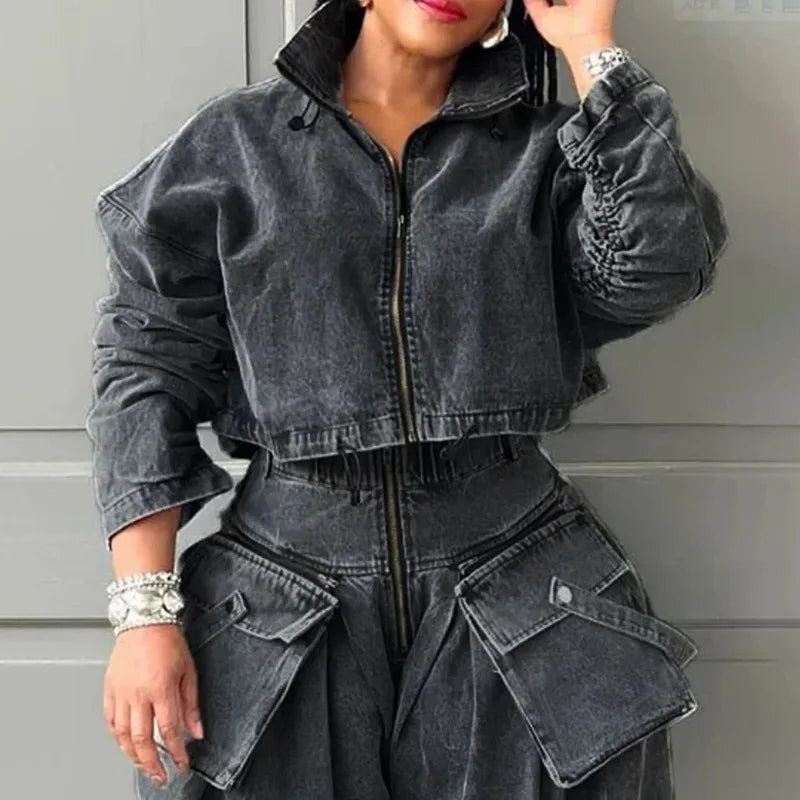 NEW Arrivals S-XL UK Size Dark Gray/Blue Women's Spring New Niche Design Sense Tooling Style Denim Jacket, High Waist Loose Short Denim Stand-Up Collar Zipper Jacket Y2K