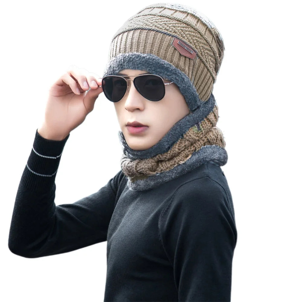 3 PCS Set Winter Fleece Thicken Windproof Hat Gloves Scarf Set Plush Warm Wool Knit Beanies for Men And Women