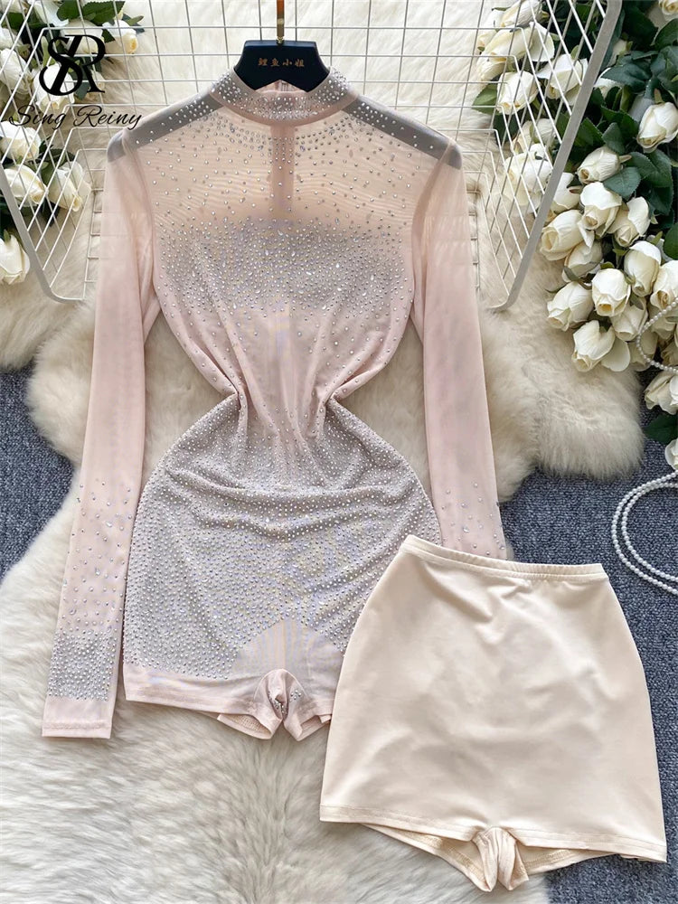 NEW S-2XL UK Plus Size Apricot/Black Color Summer Thin Sheer Sexy Viscose Bodysuit Long Sleeve Zipper With Shorts Design Rompers Beadings Streetwear Women Mesh Playsuits