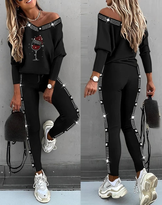 NEW Arrivals Women Female 2PCS Set Evening Party Night Clubwear Outfit Christmas Rhinestone Wine Glass Pattern Top & Pants Set All Seasons Suit Ladies Girls Streetwear Casual Fashion Clothing Supplies