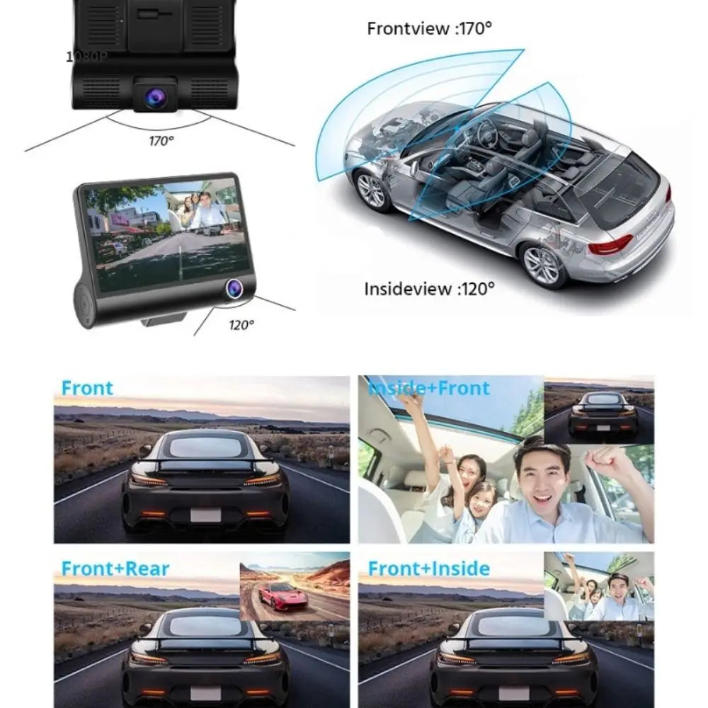 New 1080P 3-Lens Dash Cam Full HD 170° Wide Angle Car DVR Recorder G-Sensor Rear Camera for Car