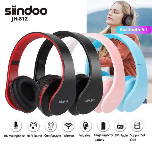 Wireless Headphone Foldable Stereo BT5.1 Earphones Music Headset FM and Support SD Card with Mic for Mobile PC TV