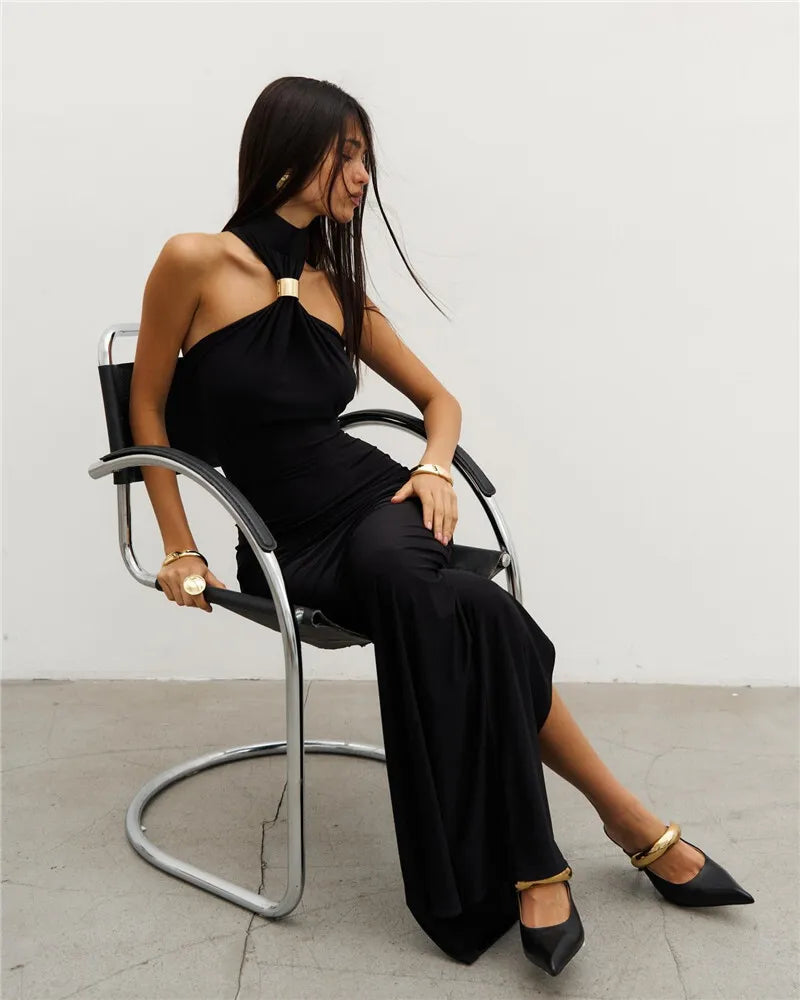 NEW Arrivals UK Size Black/White Color Turtleneck Off-shoulder Sexy Knit Maxi Dress For Women Gown Metal Buckle Strapless Sleeveless High Waist Knitted Dress