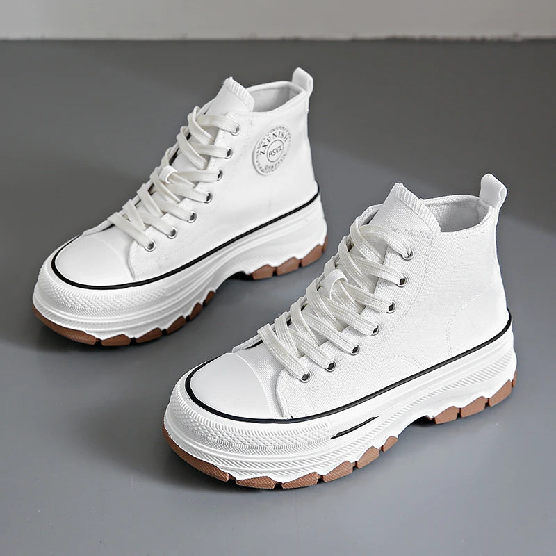 Women High Top Sneakers Lace-Up Casual Platform Height Canvas Non-slip Wear Resistant  Spring Female Vulcanize Shoes