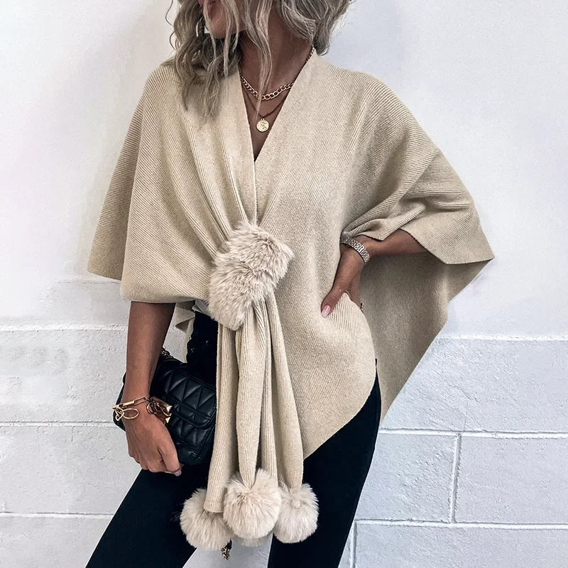 NEW Arrivals 5 Color High Quality Autumn Winter Warm Oversize Cloak Knitted Criss-Cross Poncho Capes Women Female Loose Faux Fur Ball Streetwear Cardigan Shawl Knitwear Girls Ladies Luxury Apparel Accessories Clothing Supplie