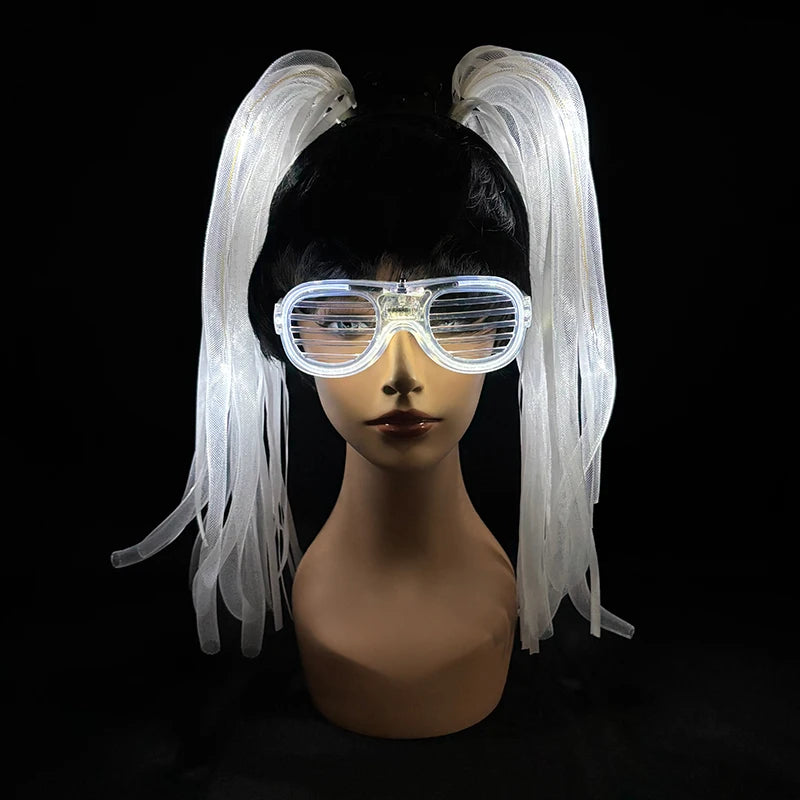 2 PCS Set Headbands + Glasses Rave Party  Luminous Flashing Noodles Headband Light Up Braid Headband Girl Women Bar Club Night Show Headwear Supplies