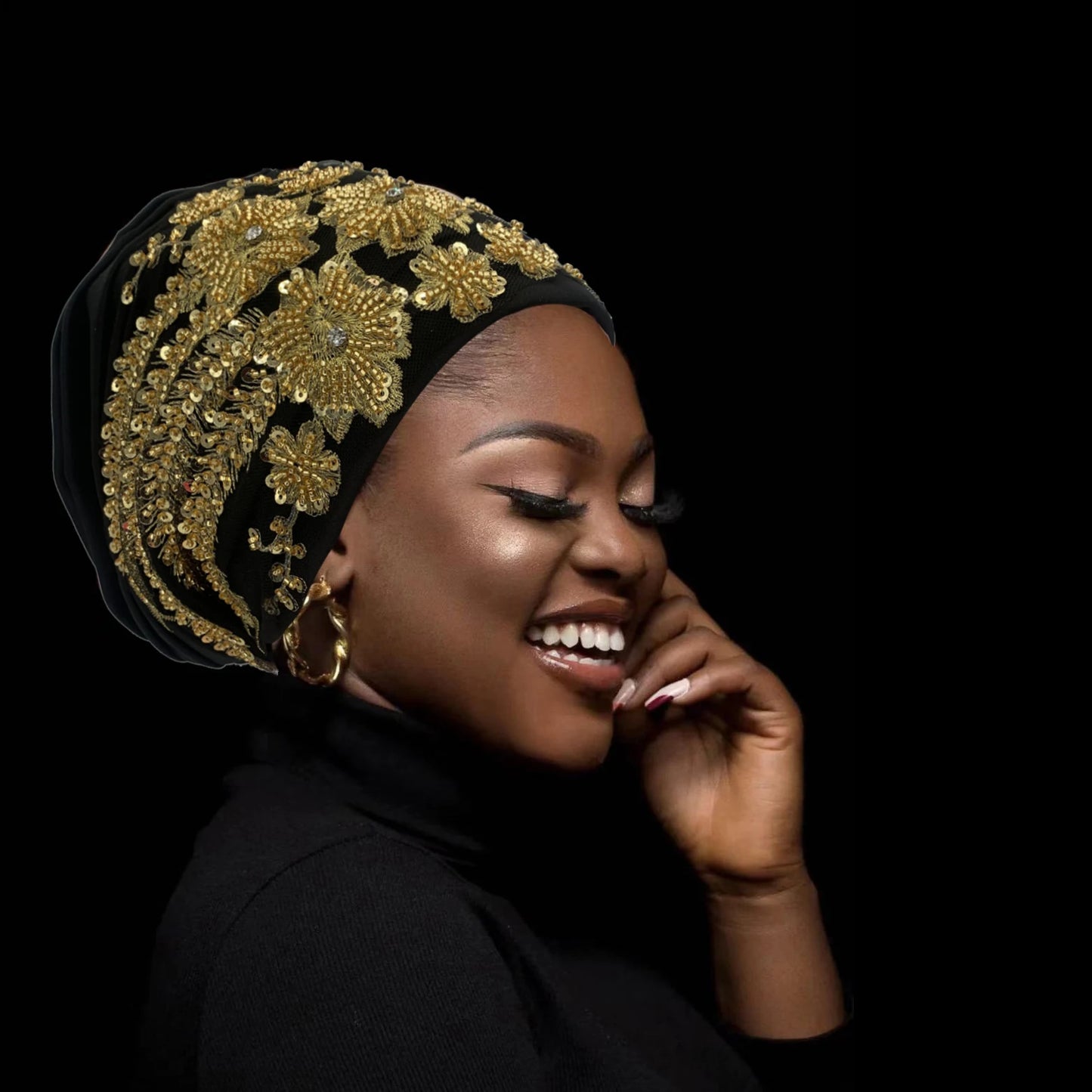 Luxury Embroidery Beading Pleated Turban Cap for Women African Female Wrap Head Bonnet Muslim Turban Hat  Lady Head Wraps