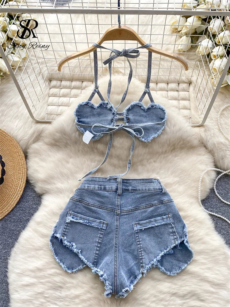 SINGREINY American Hotsweet Sets Halter Sleeveless Backless Love Tops+High Waist Button Basics Shorts Fashion Sexy Denim Suits