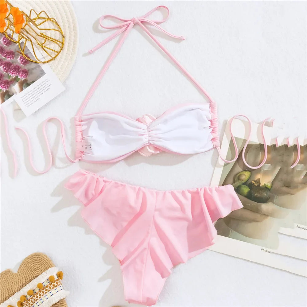 NEW Arrivals UK Size Pink 3D Flower Bandeau Bikinis Sets Sexy Swimsuit Women String Halter Swimwear Ruffled Bathing Suit Beach Wear Ladies Sexy Bikini Suit
